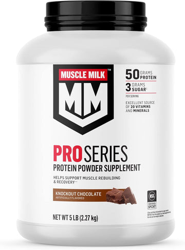 Muscle Milk Pro Series Protein Powder Supplement, Knockout Chocolate, 5 Pound, 28 Servings, 50G Protein, 3G Sugar, 20 Vitamins & Minerals, Nsf Certified For Sport, Workout Recovery