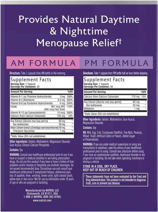 Natrol Complete Balance A.M./P.M. Capsules for Menopause Relief, Helps Relieve Hot ashes and Night Sweats, Provides Mood Support, Purple, 30 Count, Pack of 2