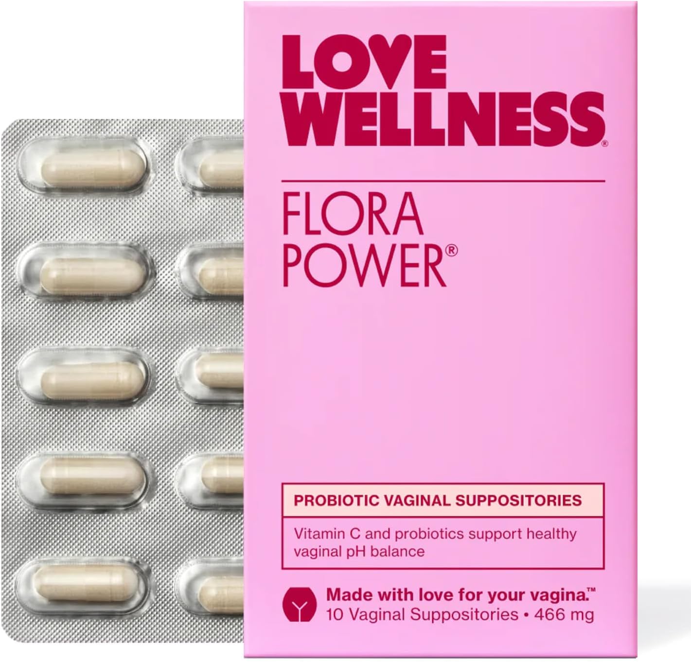 Love Wellness Flora Power | Vaginal Probiotic Suppositories With Vitamin C | Supports Ph Balance & Vaginal Health | Fragrance-Free, Non-Gmo & Paraben-Free | 10 Count