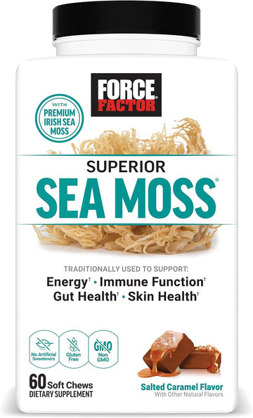 Force Factor Superior Sea Moss, Premium Irish Sea Moss To Support Energy, Immunity, Gut Health, & Skin Health, Non-Gmo, Gluten Free, Salted Caramel Flavor, 60 Soft Chews