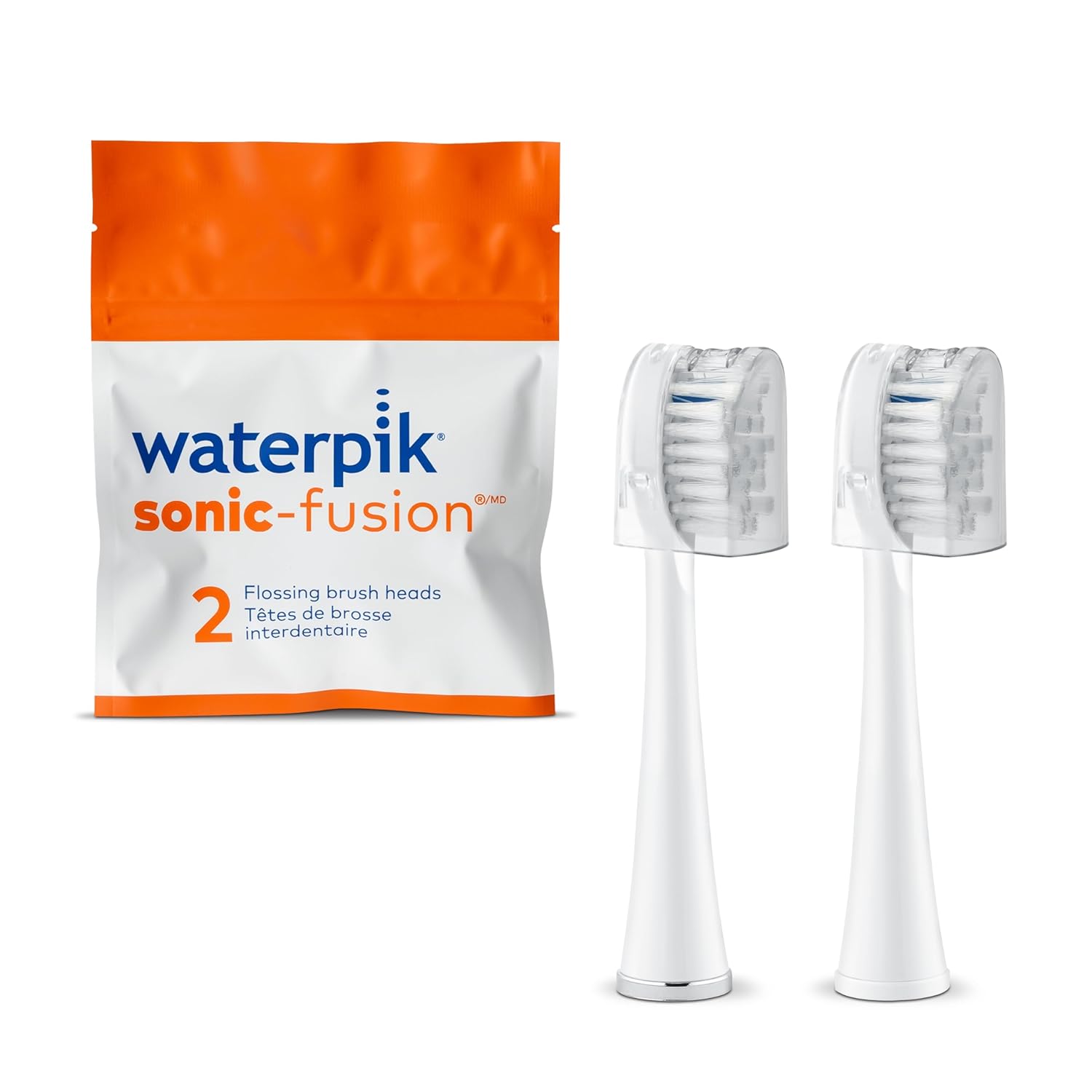 Waterpik Genuine Full Size Replacement Brush Heads With Covers For Sonic-Fusion Flossing Toothbrush Sffb-2Ew, 2 Count White