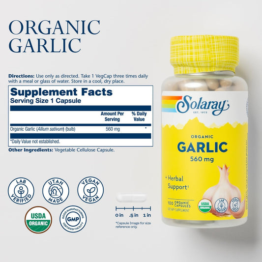 Solaray Organic Garlic Pills - 560 Mg Garlic Supplements For Heart Health Support - Usda Organic Garlic Capsules - Vegan - 60-Day Money-Back Guarantee - 100 Servings, 100 Vegcaps