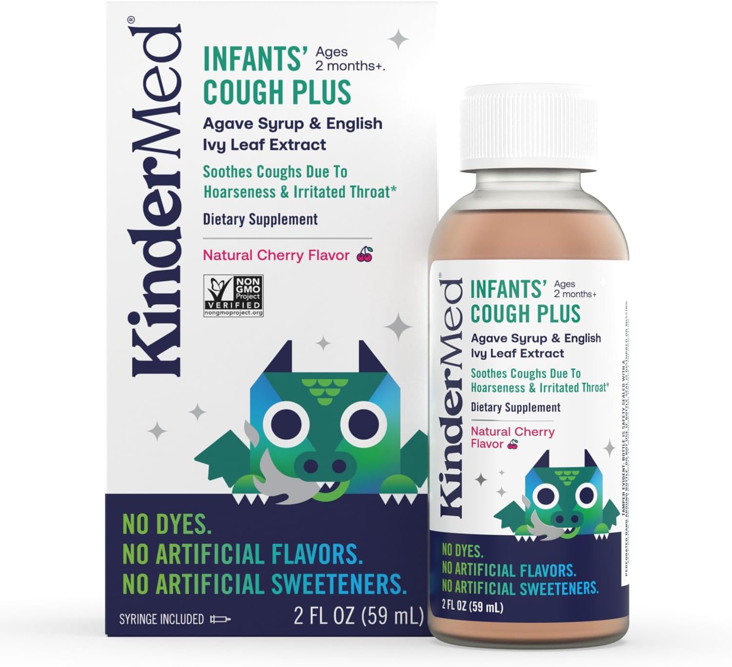Kindermed Infants' Nighttime Cough, Organic Agave Syrup, English Ivy Leaf Extract, Chamomile Tea Extract, No Dyes, No Artificial Flavors Or Sweeteners, Ages 2 Months+, Natural Cherry Flavor (2 Fl Oz)
