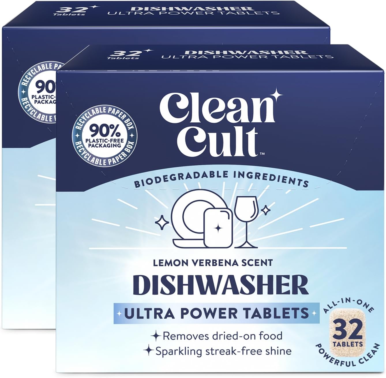 Cleancult Ultra Power Dishwasher Detergent Tablets for Sparkling Streak-Free Shine, All-In-One, Less Plastic Waste, 64 Count