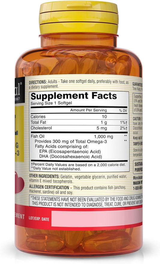 Mason Natural, Omega 3 Fish Oil 1000mg Softgels, Bonus Size 200-Count Bottle, Dietary Supplement Supports Heart, Eye, Brain and Joint Health with Omega 3 Fatty Acid Healthy Fats