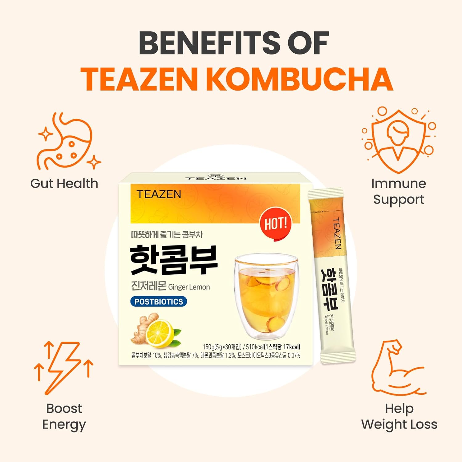 Teazen Lemon Ginger Hot Kombucha Tea, Live Probiotics & Postbiotics, Relaxation And Warmth For Colds And Sore Throat, Hydration Drink Mix, Sugar Free, 30 Sticks, 5.29Oz