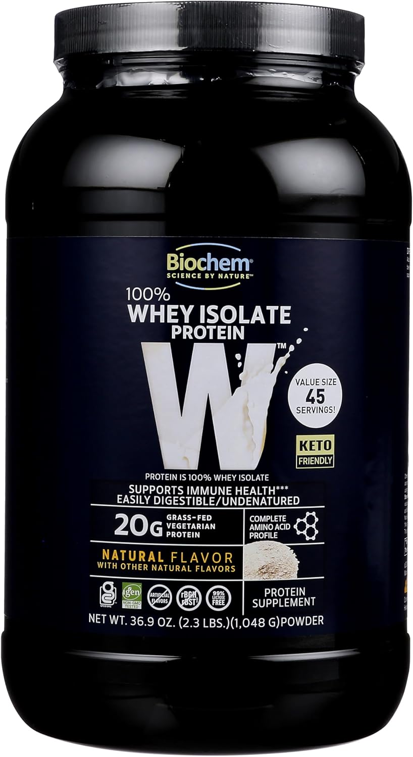 Biochem 100% Whey Isolate Protein - Natural Flavor - 20G Of Protein - Pre & Post Workout - Meal Replacement - Keto-Friendly - Easily Digestible - Silky Smooth Taste - Easy To Mix (36.9 Oz)
