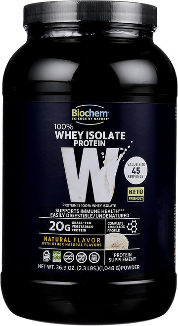 Biochem 100% Whey Isolate Protein - Natural Flavor - 20G Of Protein - Pre & Post Workout - Meal Replacement - Keto-Friendly - Easily Digestible - Silky Smooth Taste - Easy To Mix (36.9 Oz)