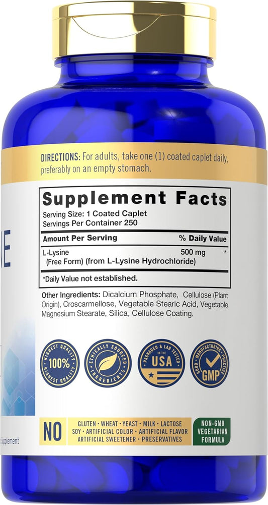 Carlyle L-Lysine 500 Mg | 250 Caplet Capsules | Amino Acid Supplement | Vegetarian, Non-Gmo & Gluten Free