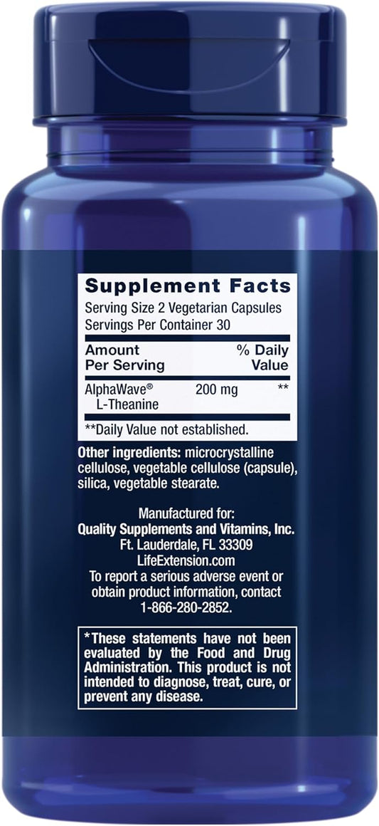 Life Extension L-Theanine, 100 Mg, 60 Vegetarian Capsules — Supports A Calming & Mood Enhancing Effect, Amino Acid Derived From Tea - Gluten-Free, Non-Gmo