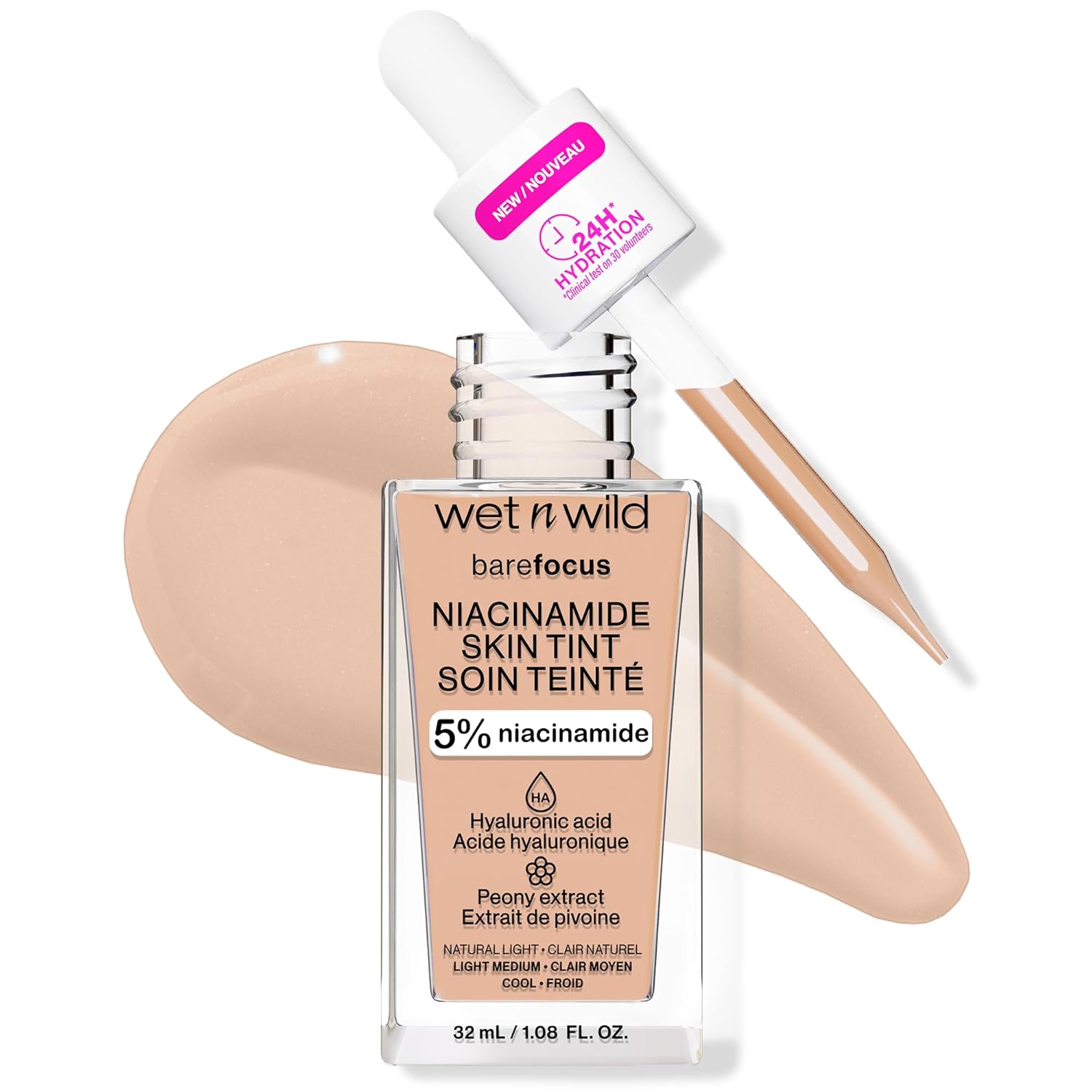 Wet N Wild Bare Focus Skin Tint, 5% Niacinamide Enriched,Buildable Sheer Lightweight Coverage, Natural Radiant Finish, Hyaluronic & Vitamin Hydration Boost, Cruelty-Free & Vegan - Light