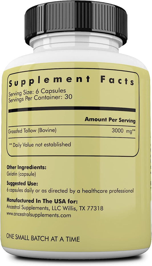 Ancestral Supplements Grass Fed Beef Tallow Capsules, 3000mg, Nourishing Kidney Fat Supplement Supports Bones, Teeth, Gums, Skin, Immune and Overall Health, Non-GMO, 180 Capsules