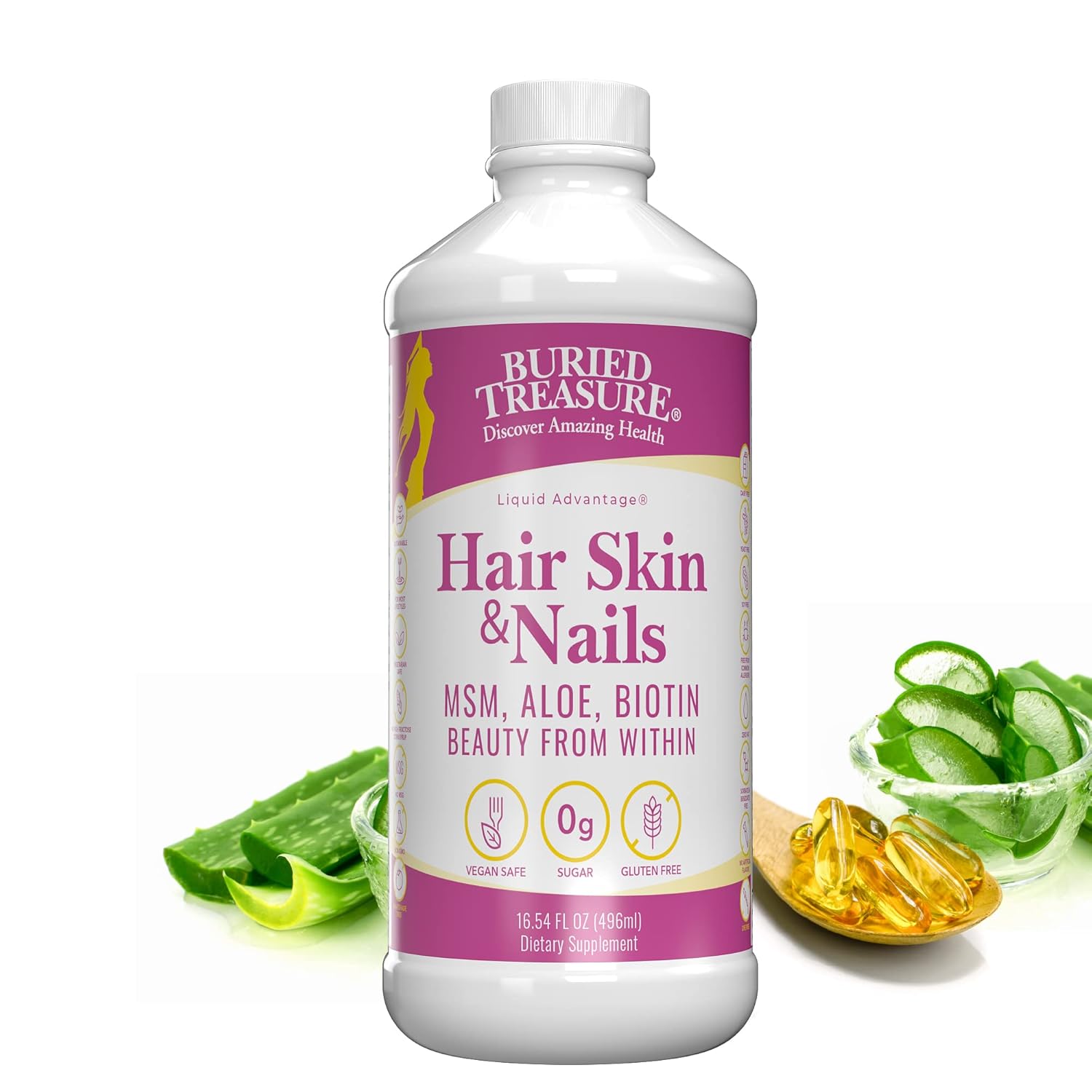 Buried Treasure Hair, Skin And Nails With Msm Biotin Aloe Vera Plus Vitamins And Minerals In A High Potency Liquid Whole Food Complex For Fuller Hair, Stronger Nails And Clearer Skin 16 Oz