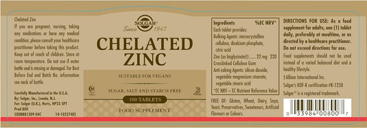 Solgar Chelated Zinc, 100 Tablets - Zinc For Healthy Skin - Supports Cell Growth & Dna Formation - Exerts Antioxidant Activity - Supports A Healthy Immune System - Non Gmo, Gluten Free - 100 Servings