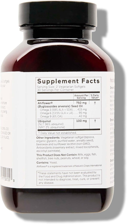 Smarternutrition Ubiquinol 100Mg + Natural Plant-Based Complete Omega 3 6 9 - Clinically Studied Ahiflower® Oil - Ultra Absorption Coq10 For Heart Support - Non-Gmo - 60 Softgels[30-Day Supply]