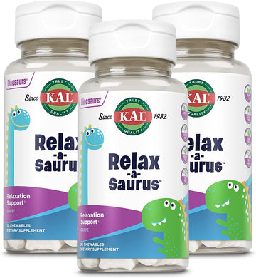 KAL Relax-a-Saurus, Stress Support Supplement for Kids, L-Theanine for Children with Herbal Stress Relief & Relaxation & Blend, Delicious Natural Grape avor, 60-Day Guarantee, 30 Chewables Pack of 3