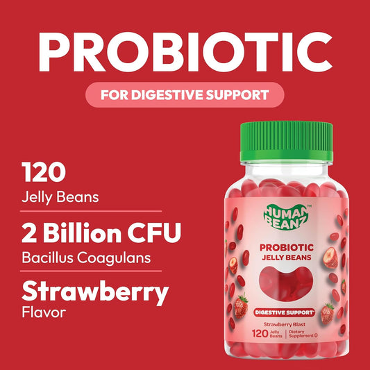 Probiotic Jelly Bean Gummies For Men And Women, Probiotic Supplements For Digestive Health, Nutritional Vegetarian Supplements, 120 Strawberry Blast Jelly Beans, Kosher