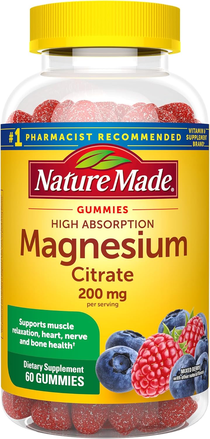Nature Made High Absorption Magnesium Citrate 200 Mg Per Serving, Magnesium Supplement For Muscle, Nerve, Bone And Heart Support, 60 Magnesium Gummies, 30 Day Supply
