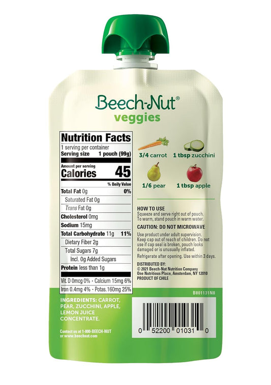 Beech-Nut Baby Food Pouches, Carrot Zucchini & Pear Veggie Puree Baby & Toddler Food, 3.5 Oz (12 Pack)