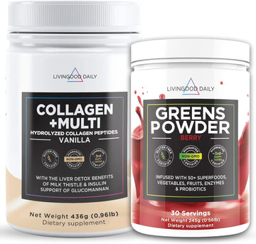 Livingood Daily Fruit Smoothie Bundle - Combination Of Collagen Powder (Vanilla) And Greens (Berry) With Multivitamins