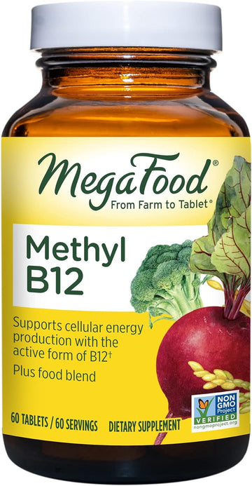 MegaFood Methyl B12 - Vegan - Includes Methyl Folate, Vitamin B12 & B6 - Supports Cellular Energy Production, Nervous System Health & Cardiovascular Function - 60 Tablets