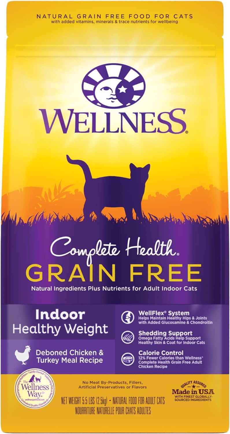 Wellness Natural Pet Food Complete Health Grain-Free Indoor Healthy Weight Chicken & Turkey Meal Recipe Dry Cat Food, 5.5 Pound Bag