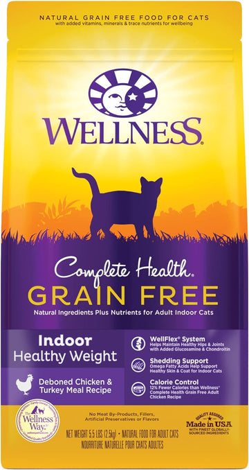 Wellness Natural Pet Food Complete Health Grain-Free Indoor Healthy Weight Chicken & Turkey Meal Recipe Dry Cat Food, 5.5 Pound Bag