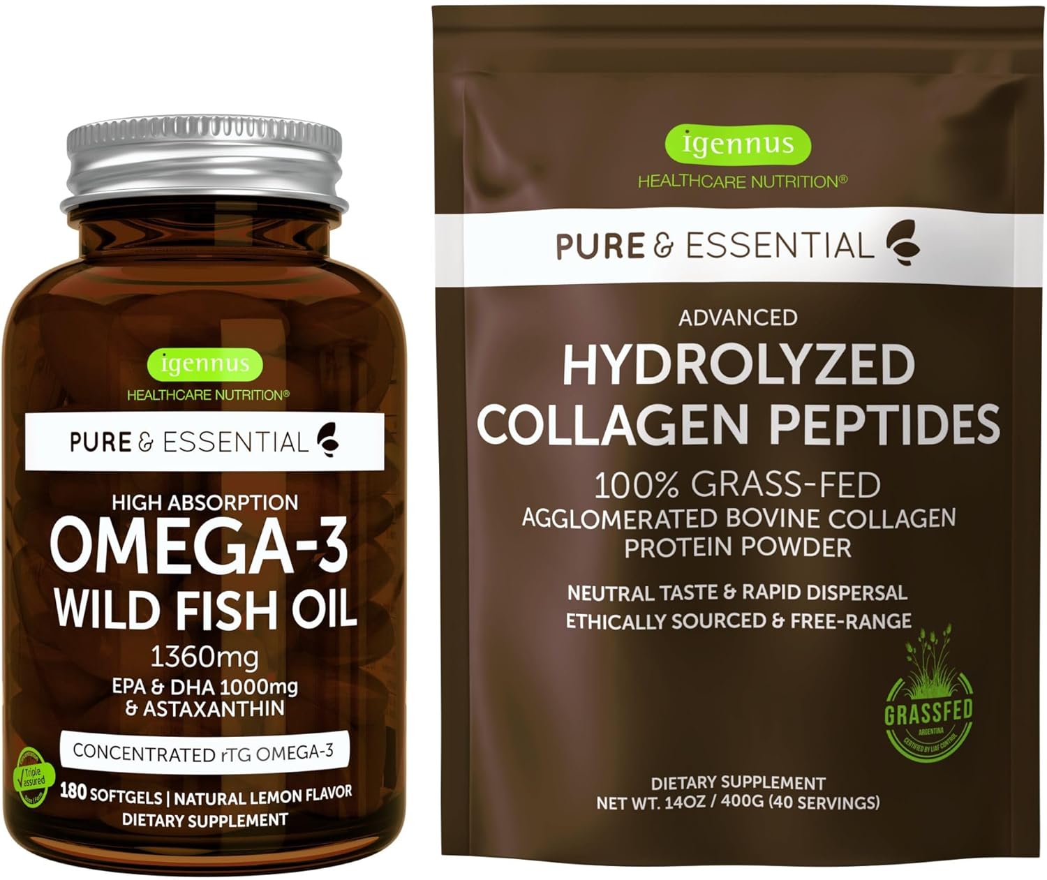 High Absorption Omega-3 Wild Fish Oil & Advanced Hydrolyzed Collagen Peptides Bundle, 1000Mg Epa & Dha With Astaxanthin & 100% Grass Fed Bovine Collagen Protein Powder, By Igennus