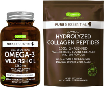 High Absorption Omega-3 Wild Fish Oil & Advanced Hydrolyzed Collagen Peptides Bundle, 1000Mg Epa & Dha With Astaxanthin & 100% Grass Fed Bovine Collagen Protein Powder, By Igennus