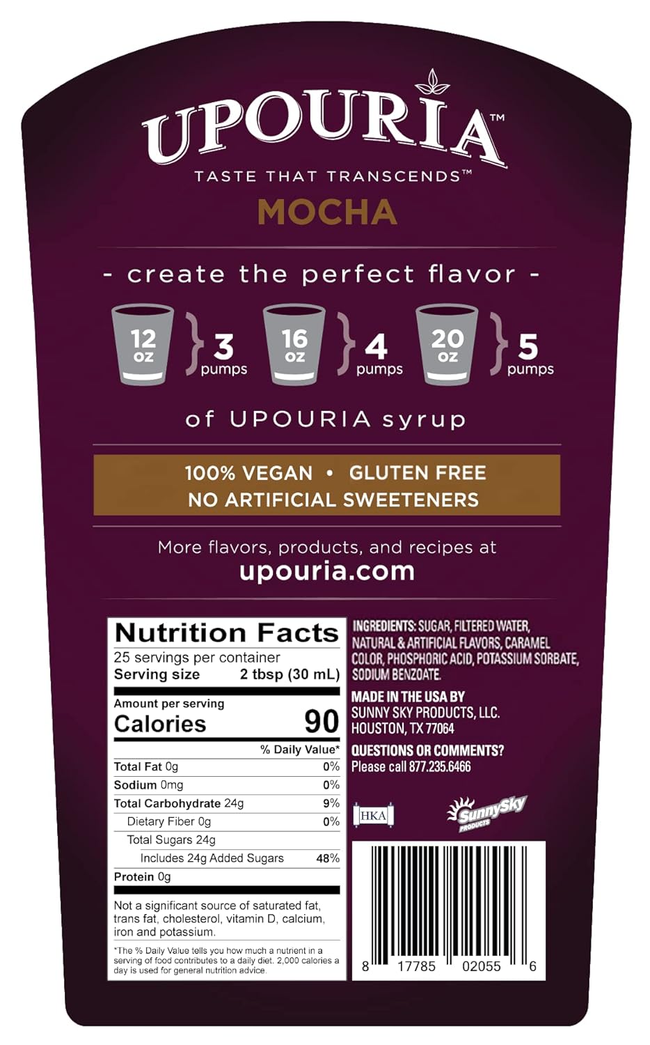Upouria Mocha Coffee Syrup Flavoring, 100% Vegan, Gluten Free, Kosher, 750 mL Bottle - Pump Sold Separately : Grocery & Gourmet Food