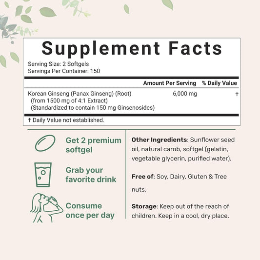 Micro Ingredients Red Panax Ginseng Supplement 6,000Mg Per Serving, 300 Softgels | High Potency Korean Ginseng Root Extract With Active Ginsenosides | Supports Energy & Immune Health | Non-Gmo