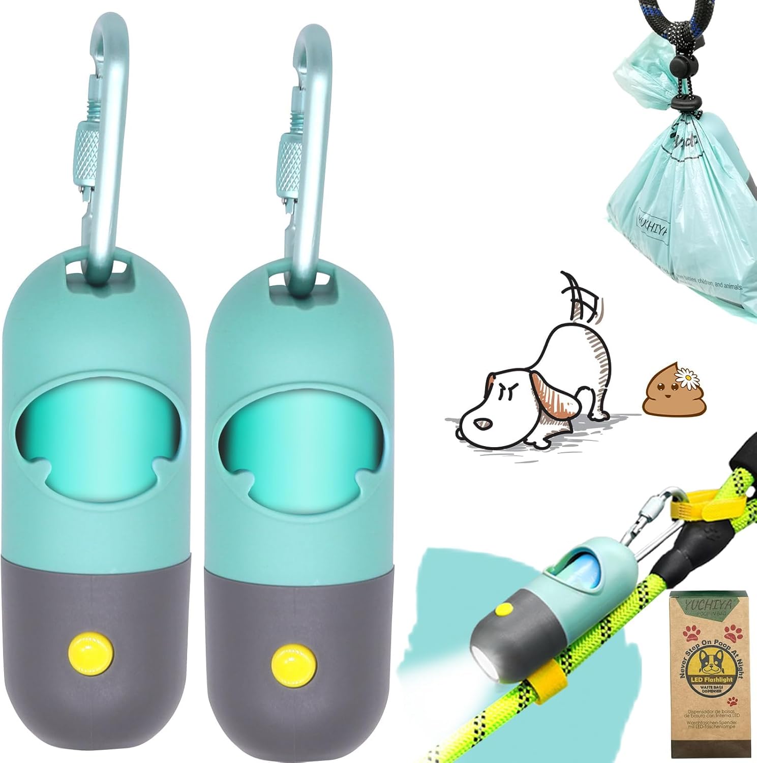 Dog Poop Waste Bags Holder With Led Flashlight|Cute Doggie Poo Bags Dispenser For Pet Leash|Trash Waste Bags Carrier With Potty Bags Clip Fastener Lr44 Button Cells Included(2 Pack) (Crystal Blue)