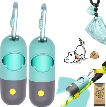 Dog Poop Waste Bags Holder With Led Flashlight|Cute Doggie Poo Bags Dispenser For Pet Leash|Trash Waste Bags Carrier With Potty Bags Clip Fastener Lr44 Button Cells Included(2 Pack) (Crystal Blue)