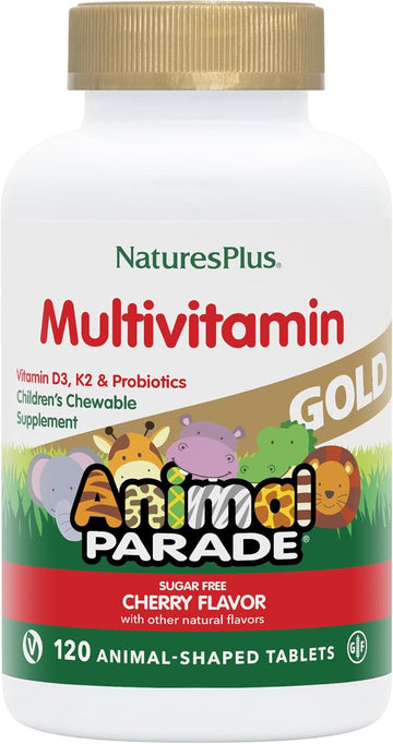 Natures Plus Animal Parade Gold Children'S Chewable Multivitamin - Natural Cherry Flavor - 120 Animal Shaped-Tablets, Pack Of 2 - With Vitamin D3, K2 & Probiotics - 120 Total Servings