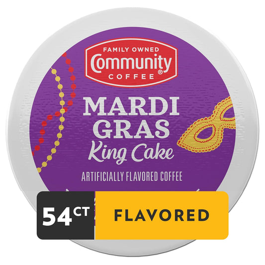 Community Coffee Mardi Gras King Cake Flavored 54 Count Coffee Pods, Medium Roast, Compatible with Keurig 2.0 K-Cup Brewers, Box of 54 Pods