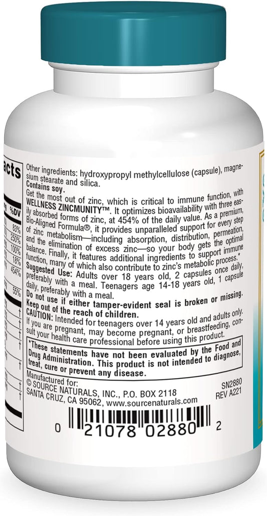 Source Naturals Wellness Zincmunity, Supports Zinc Absorption, Metabolism And Utilization For Immune Health*, 50 Mg Zinc - 30 Vegetarian Capsules