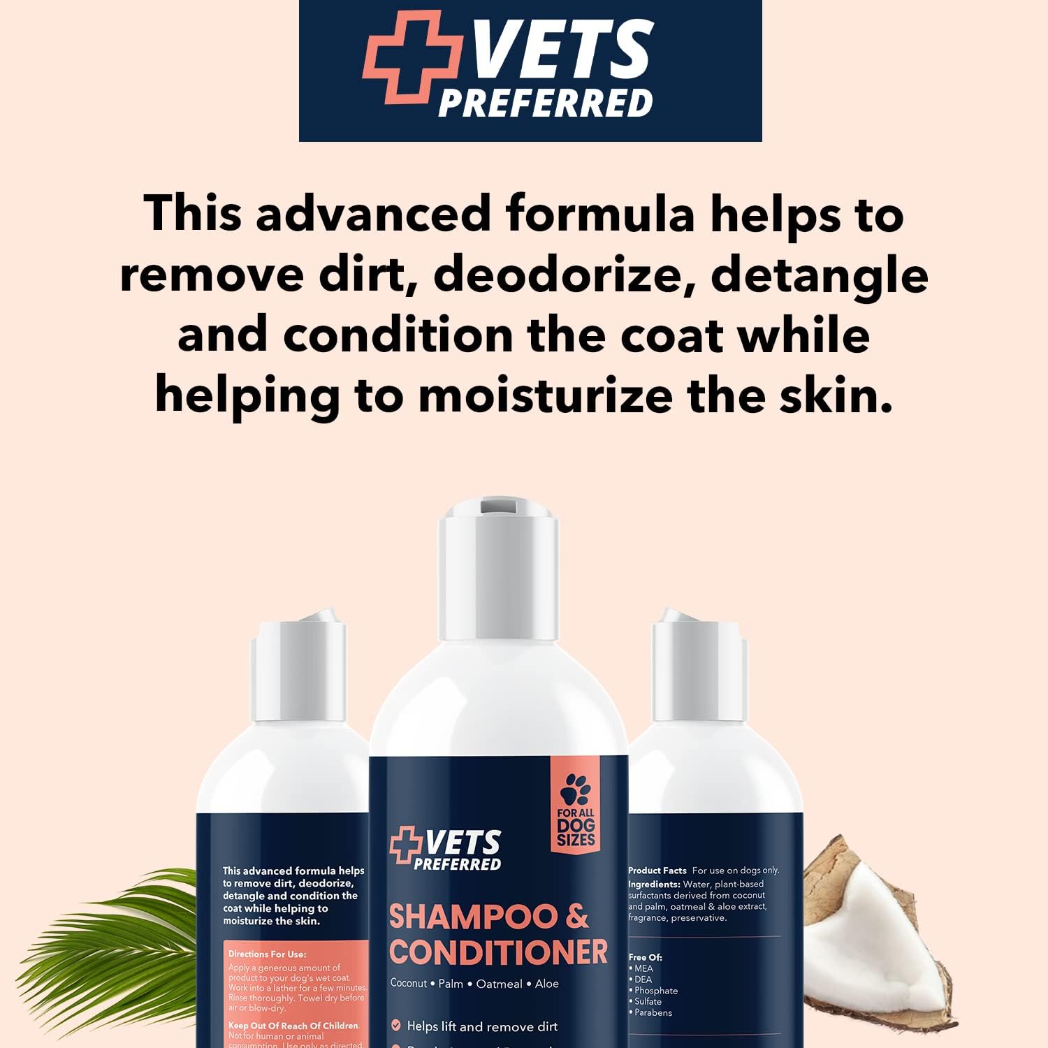 Vets Preferred Dog Shampoo and Conditioner - Dog Wash Pet Shampoo - Moisturize, Deodorize, and Detangle - Hypoallergenic Dog and Puppy Shampoo with Coconut, Palm, Oatmeal, & Aloe – 16 Fl Oz