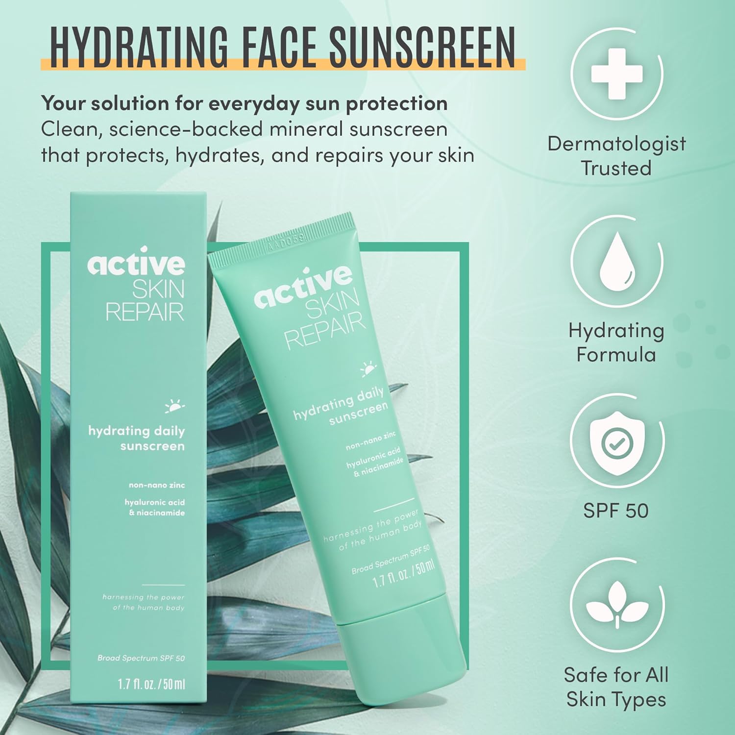 Active Skin Repair Spf 50 Hydrating Daily Sunscreen And Face Moisturizer, Non-Nano Zinc, Non-Toxic Broad Spectrum Protection Hydrating Mineral Facial Sunscreen, 1.7 Fl. Oz. : Beauty & Personal Care