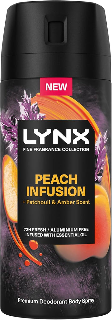 Lynx Fine Fragrance Collection Peach Infusion Premium Body Spray Men'S Deodorant Infused With A Peach, Patchouli & Amber Scent For 72 Hours Of Freshness 150 Ml (Pack Of 2)