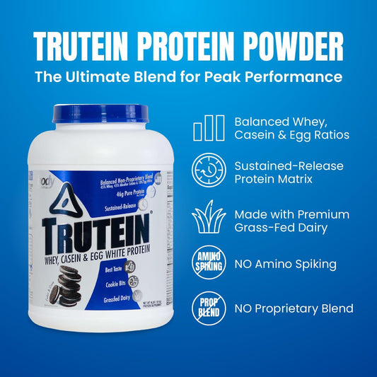 Body Nutrition Trutein High Protein Powder: 45% Whey, 45% Casein, 10% Egg White, Gluten-Free, Low Sodium, Grass Fed Whey Protein Powder, Gym Supplement & Breakfast Shake, Strawberries & Cream, 4Lb