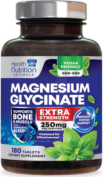 Magnesium Glycinate 250 mg - Natural, High Absorption Magnesium Tablets Chelated for Muscle, Nerve, Bone & Heart Health Support - Gentle Form, Non-GMO, Gluten Free, Vegan Supplement - 180 Tablets