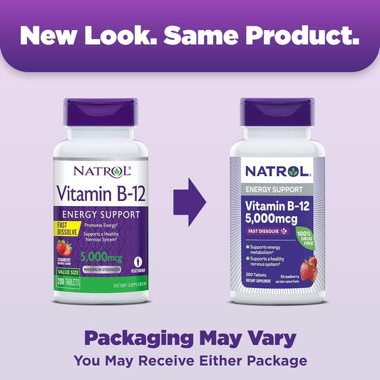 Natrol Vitamin B12 5,000 Mcg, Fast Dissolve Vitamin B12 Supplement Supports A Healthy Nervous System And Energy Metabolism, 200 Tablets, Up To A 200 Day Supply