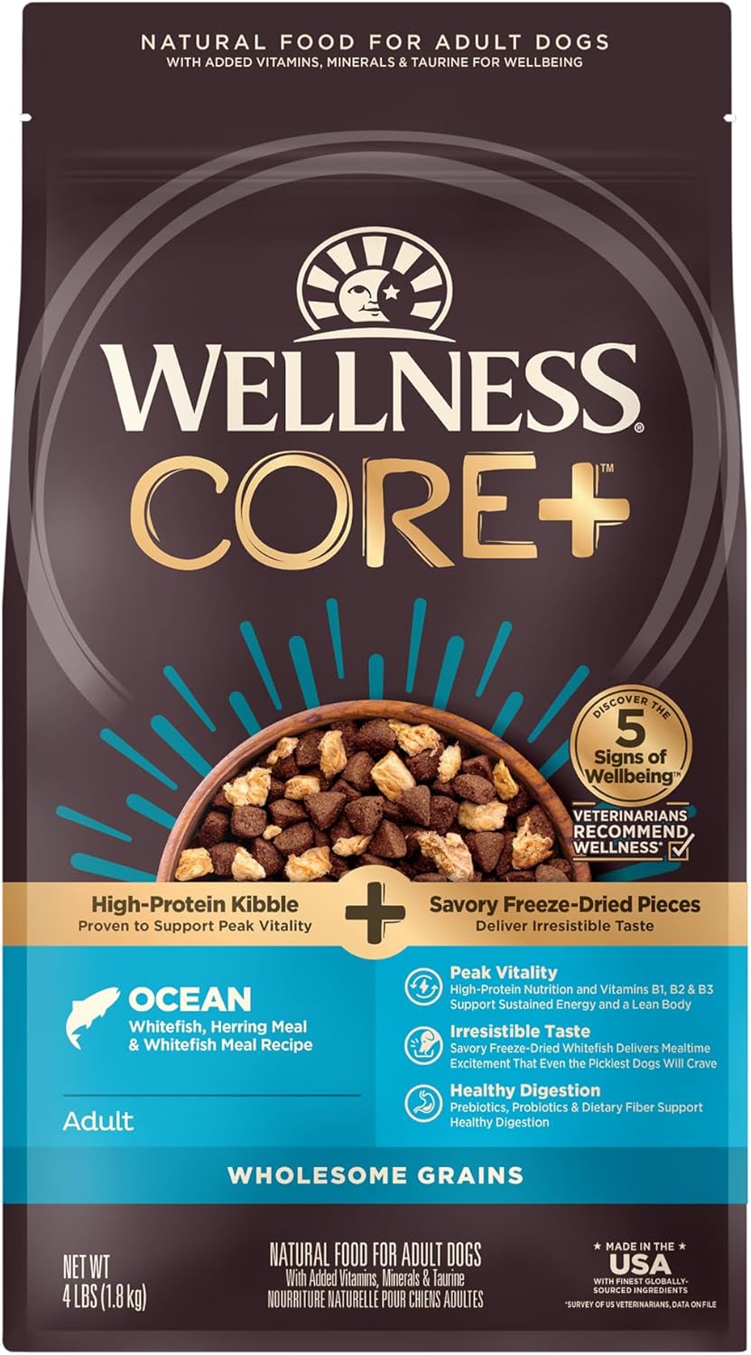 Wellness Core+ (Formerly Rawrev) Grained Dry Dog Food, Ocean Recipe With Freeze Dried Whitefish, 4 Pound Bag