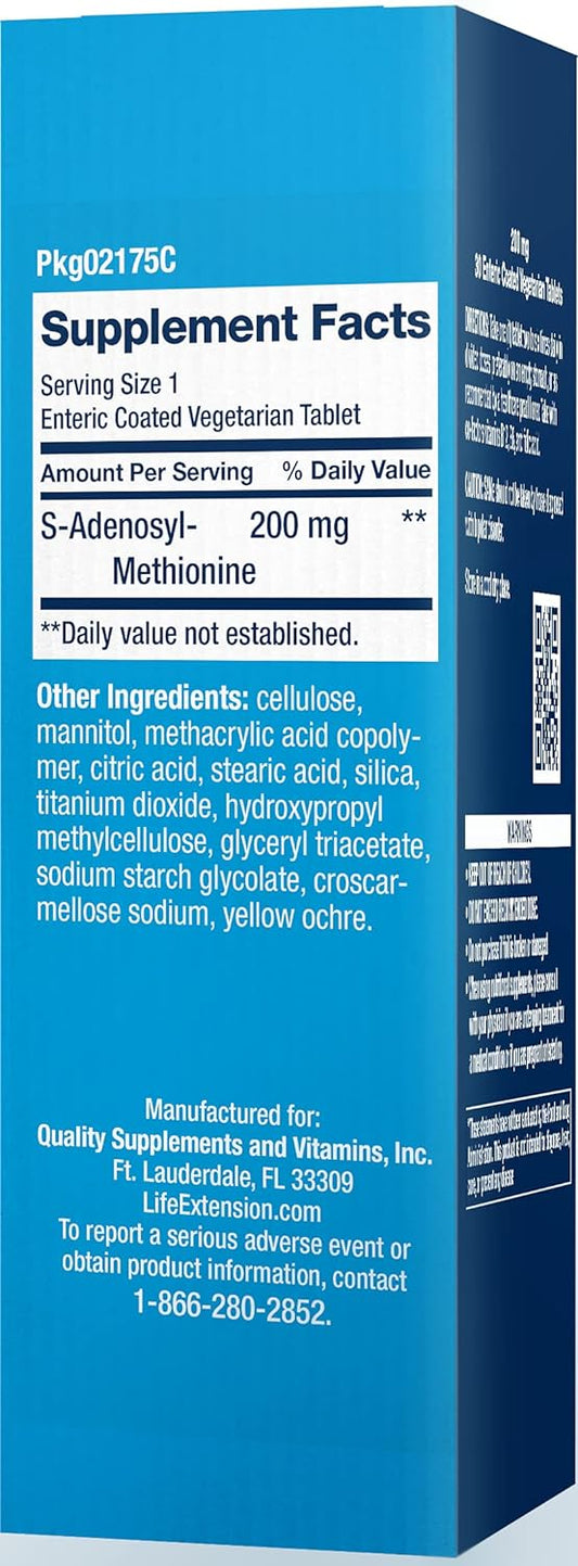 Life Extension SAMe 200 mg Promotes Mood, Liver & Joint Health – Non-GMO, Gluten-Free, Vegetarian – 30 Enteric-Coated Vegetarian Tablets