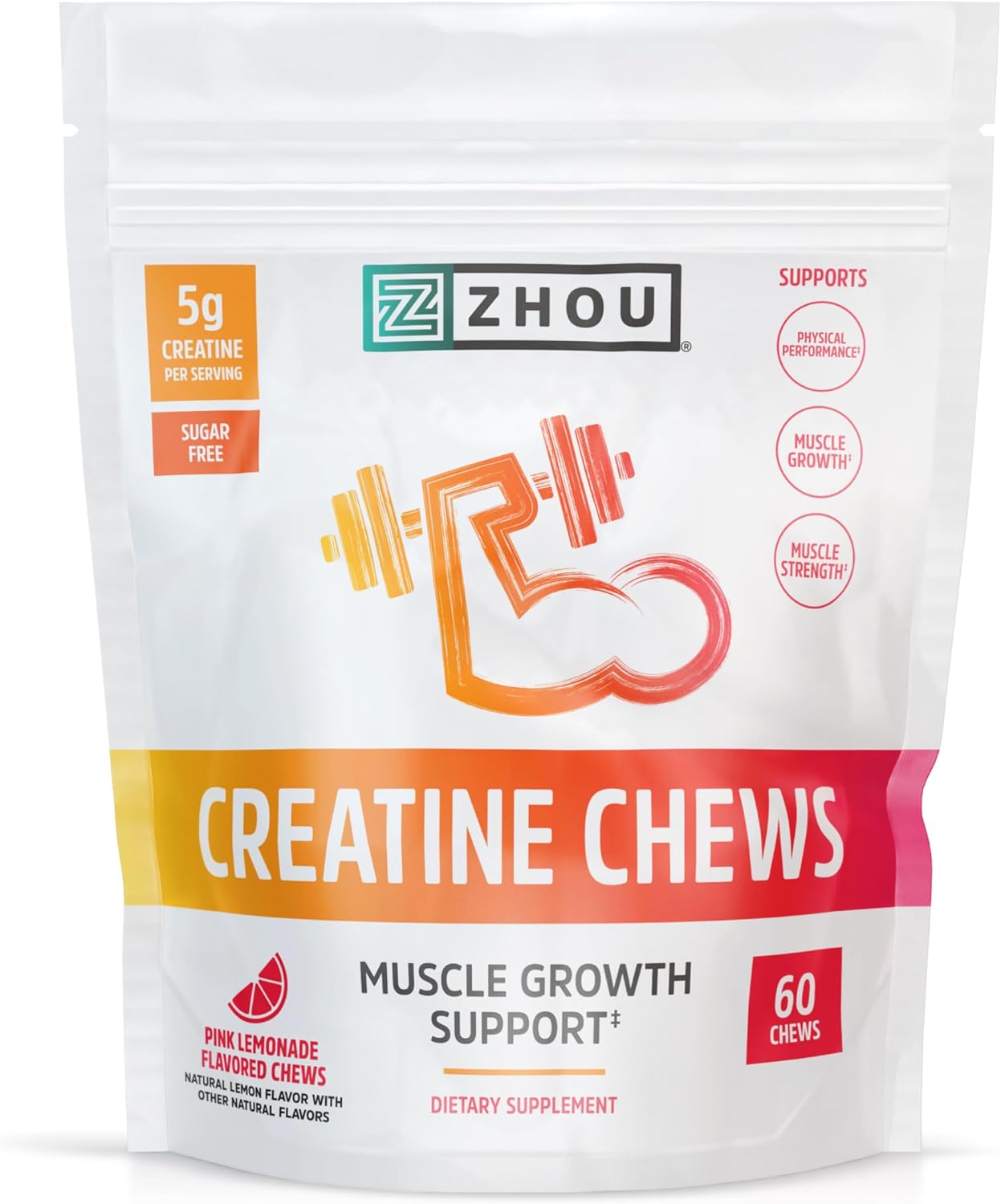 Zhou Nutrition Creatine Monohydrate Chewables 5G For Men & Women, Sugar Free, Organic, Non Gmo, Pink Lemonade, 60 Creatine Gummies