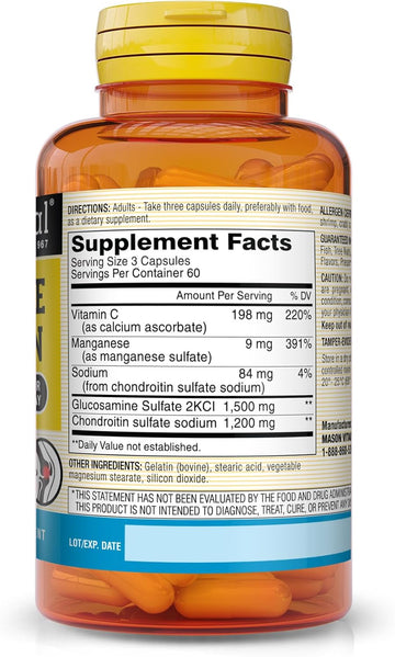 Mason Natural Glucosamine Chondroitin 1500/1200 3 Per Day With Vitamin C, Supports Joint Health, Improved Flexibility And Mobility, 180 Capsules