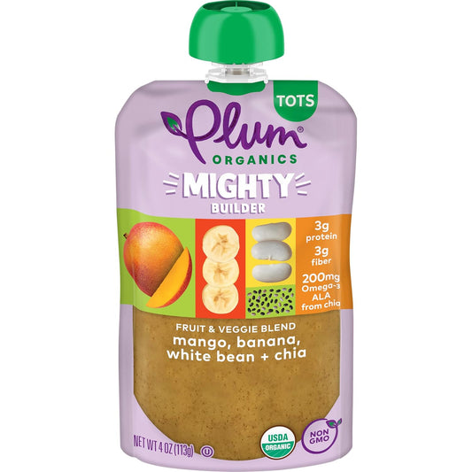 Plum Organics Mighty Builder Organic Toddler Food - Mango, Banana, White Bean, And Chia - 4 Oz Pouch (Pack Of 12) - Organic Fruit And Vegetable Toddler Food Pouch