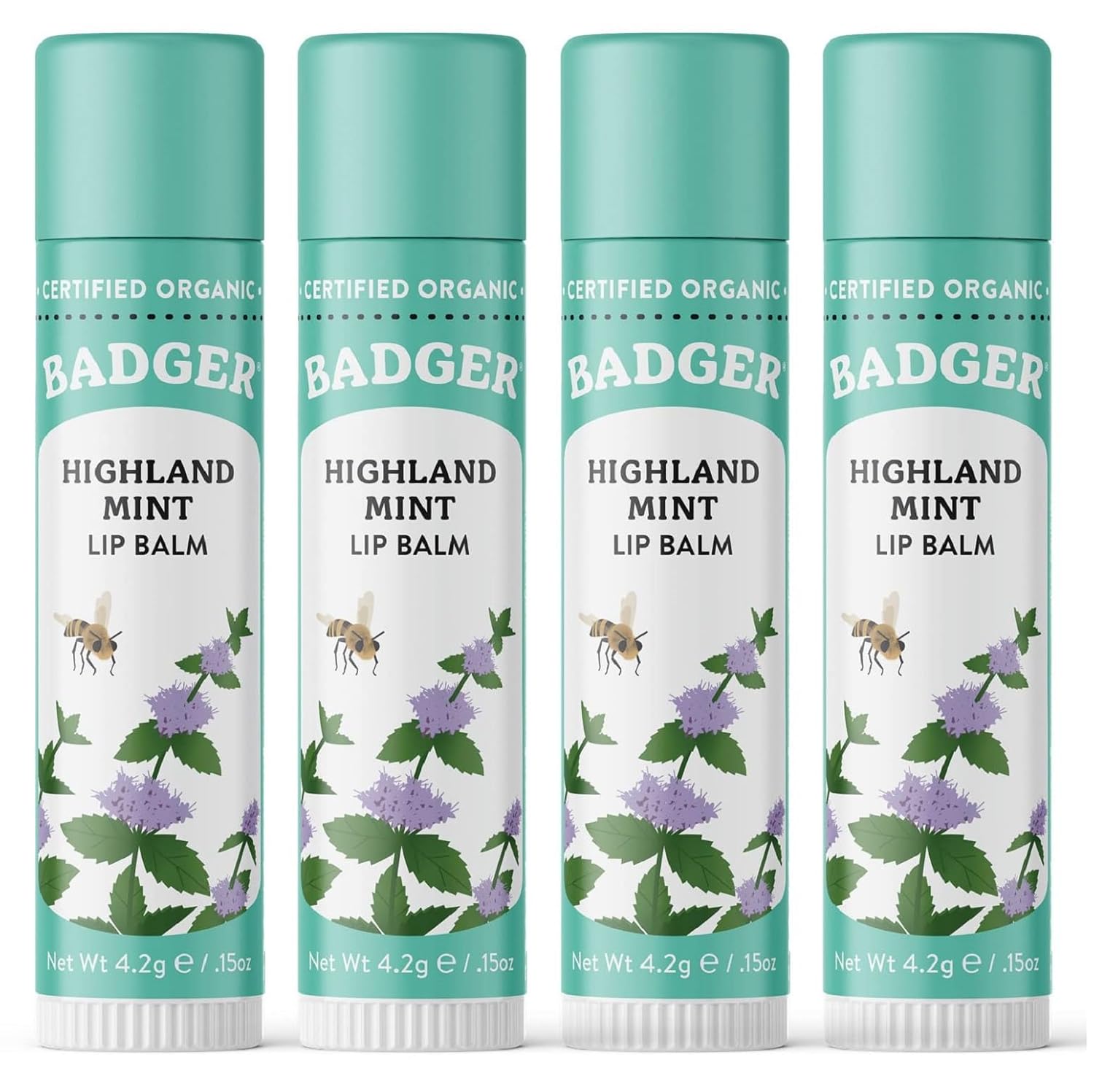 Badger - Classic Lip Balm, Highland Mint, Made With Organic Olive Oil, Beeswax & Rosemary, Certified Organic, Moisturizing Lip Balm, 0.15 Oz (4 Pack)