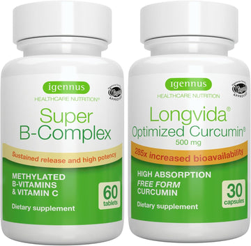 Super B-Complex & Longvida Lipidated Curcumin 500Mg Vegan Bundle, Methylated Sustained Release B Complex With Ultra Bioavailable & Sustained Action Curcumin, By Igennus