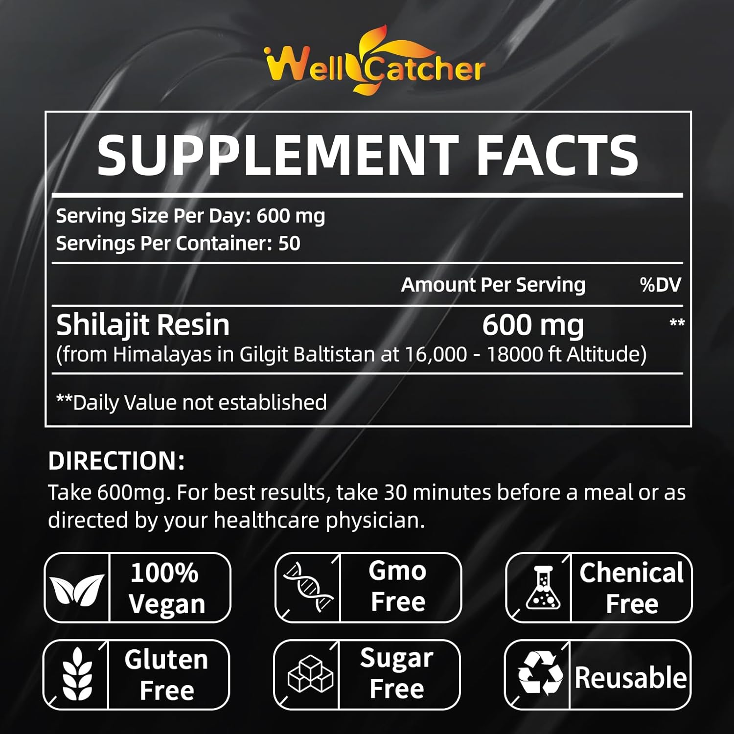 Wellcatcher Pure Himalayan Shilajit Resin For Men Women: Natural Organic Shilajit Supplement 600Mg Rich In 85+ Trace Minerals 75%+ Fulvic Acid For Energy Immunity Focus Support 50 Servings : Health & Household